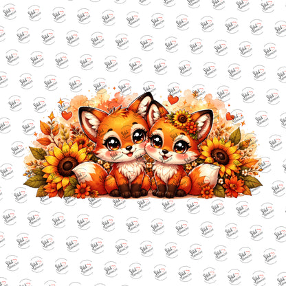 Fuchsgeschwister im Sonnenblumenfeld als UV-DTF Sticker einzeln
