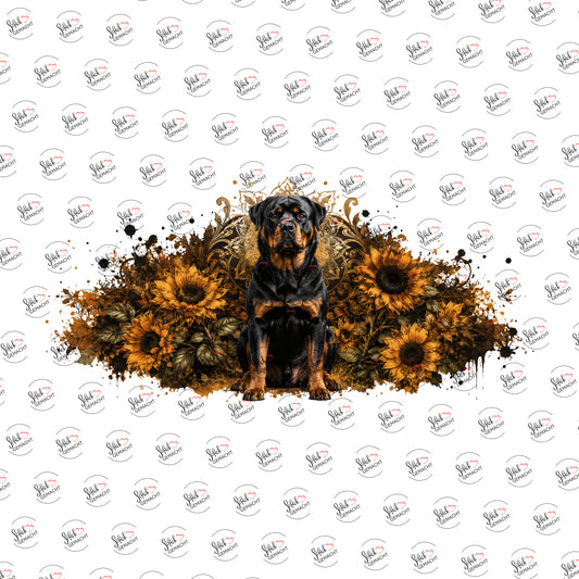Rottweiler in Sonnenblumen
