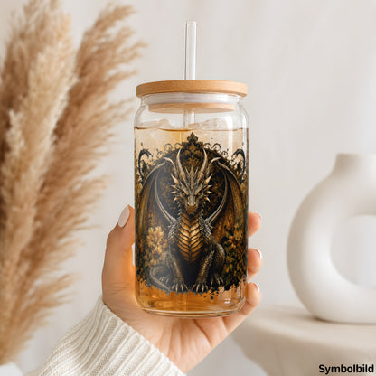 Goldener Drache in Blüten als UV-DTF Sticker auf einem 16oz Glasbecher