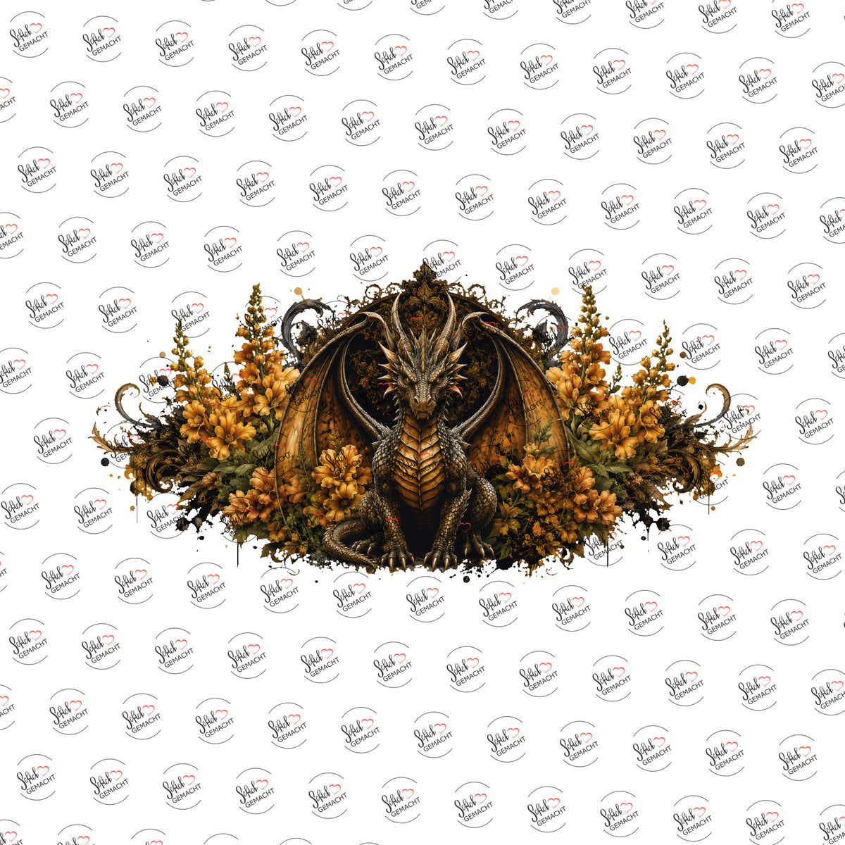 Goldener Drache in Blüten als UV-DTF Sticker einzeln