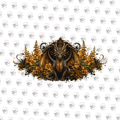 Goldener Drache in Blüten als UV-DTF Sticker einzeln