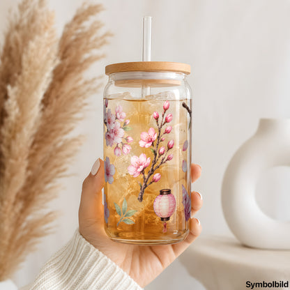 Kirschblüten in Aquarell als UV-DTF Sticker auf einem 16oz Glasbecher