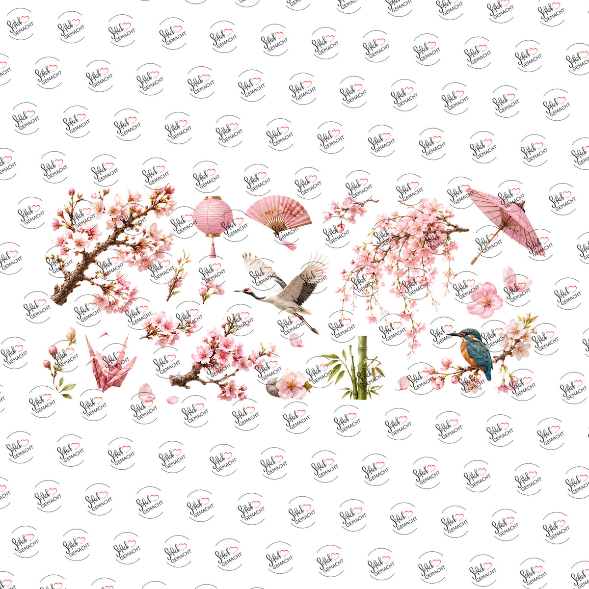 Kirschblüten mit Eisvogel als UV-DTF Sticker einzeln