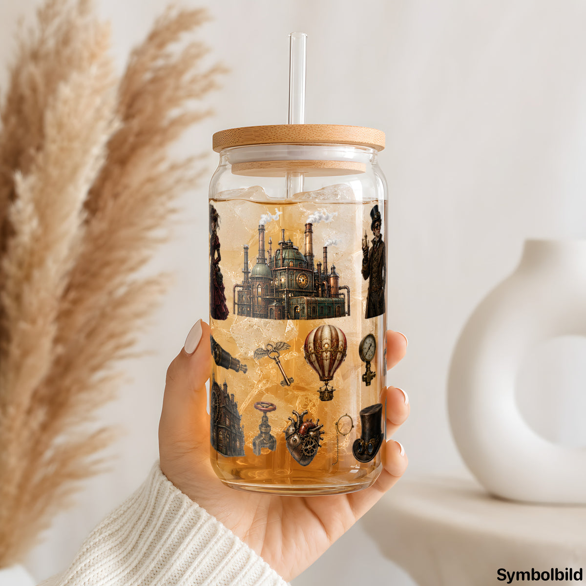 Steampunk mit Zahnrädern als UV-DTF Sticker auf einem 16oz Glasbecher