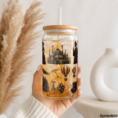 Steampunk mit Zahnrädern als UV-DTF Sticker auf einem 16oz Glasbecher