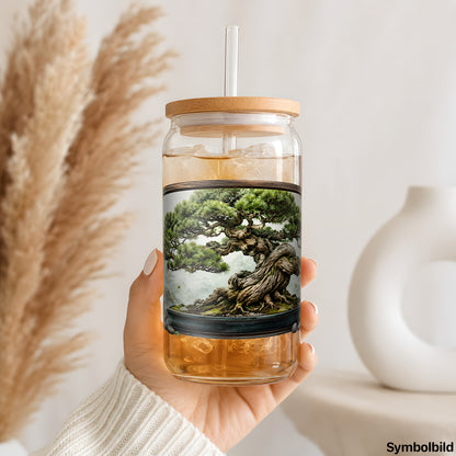 Bonsai hinter Bogenfenster als UV-DTF Sticker auf einem 16oz Glasbecher
