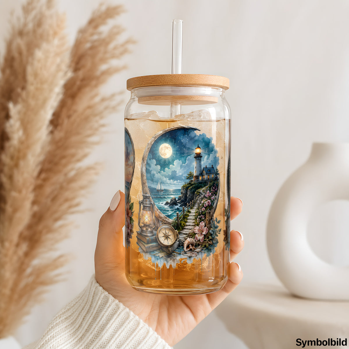 Drei Urlaubsfenster als UV-DTF Sticker auf einem 16oz Glasbecher