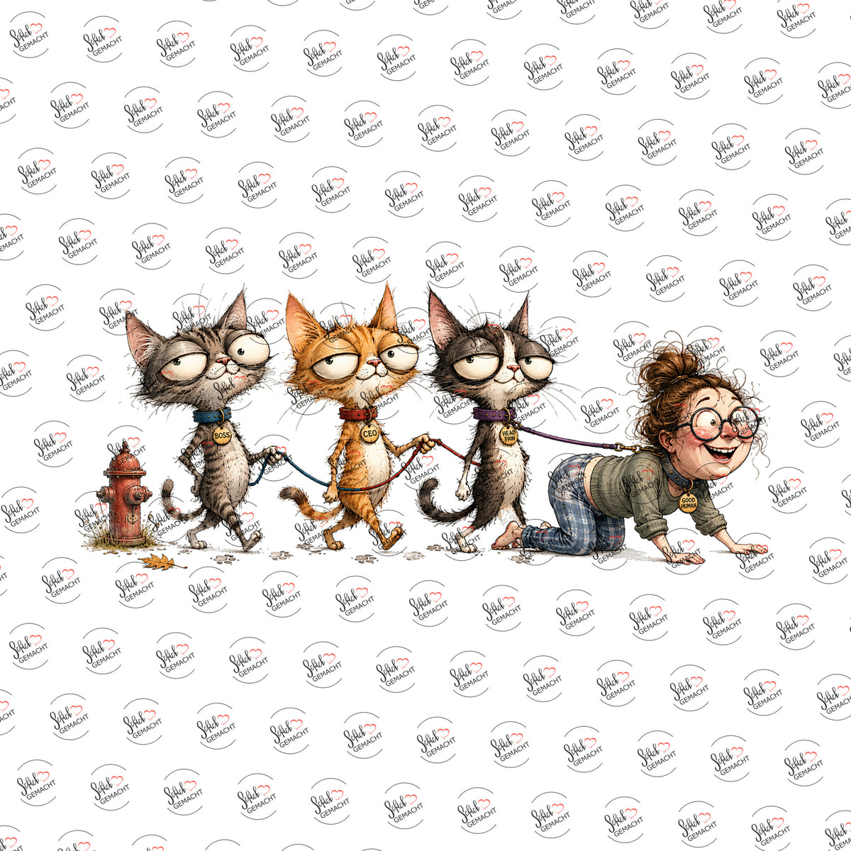 Katzen führen Frauchen aus als UV-DTF Sticker einzeln