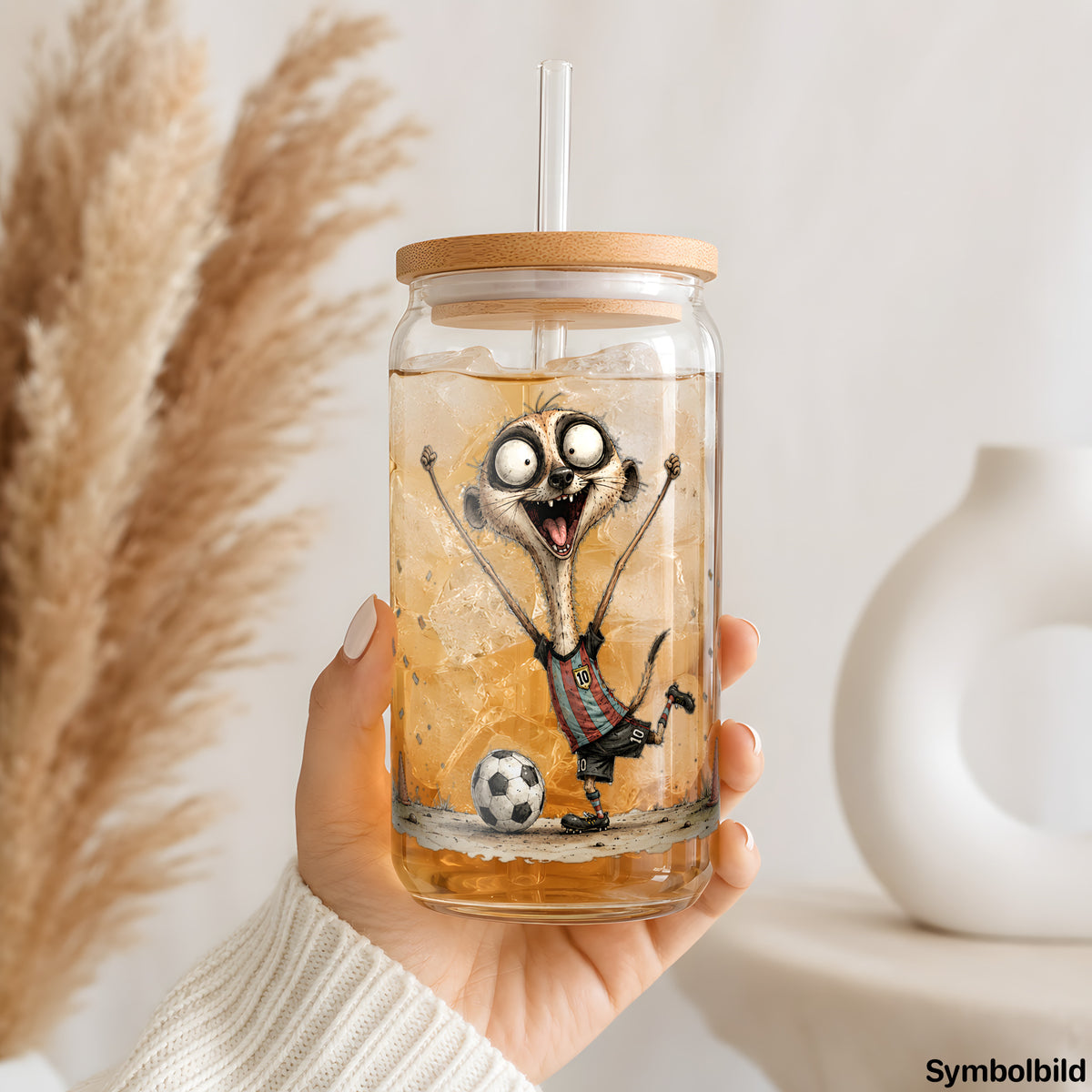 Erdmännchen im Torjubel als UV-DTF Sticker auf einem 16oz Glasbecher