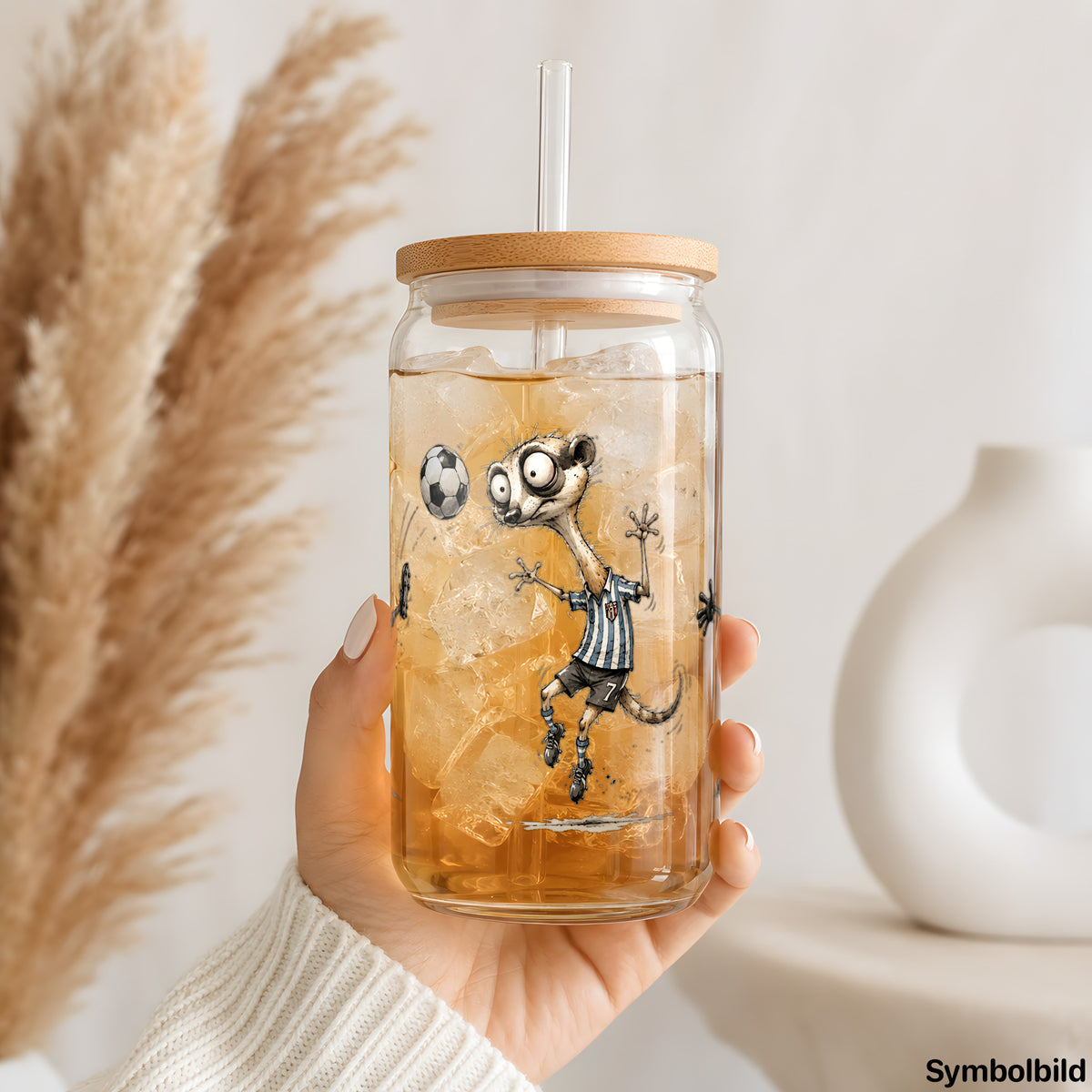 Erdmännchen beim Fußball als UV-DTF Sticker auf einem 16oz Glasbecher