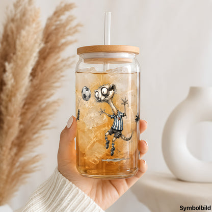 Erdmännchen beim Fußball als UV-DTF Sticker auf einem 16oz Glasbecher