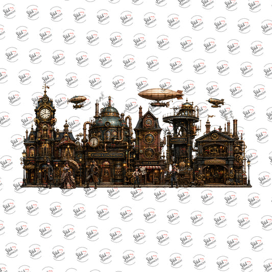 Steampunk-Stadt mit Luftschiffen