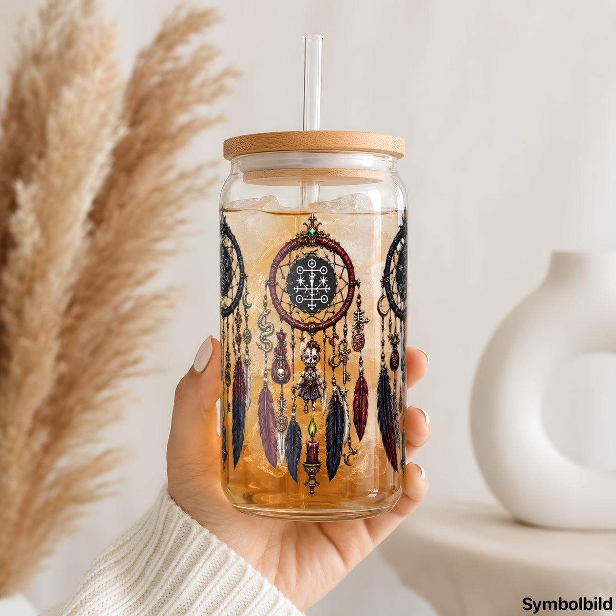 Traumfänger-Trio mit Juwelen als UV-DTF Sticker auf einem 16oz Glasbecher