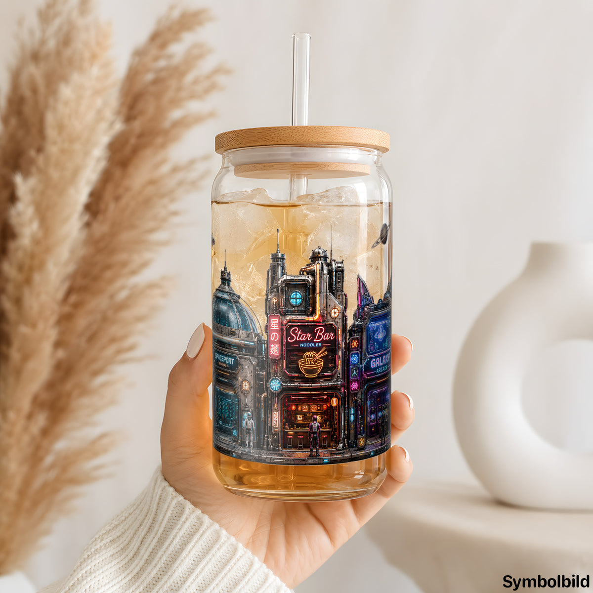 Cyberpunk-Raumhafen als UV-DTF Sticker auf einem 16oz Glasbecher