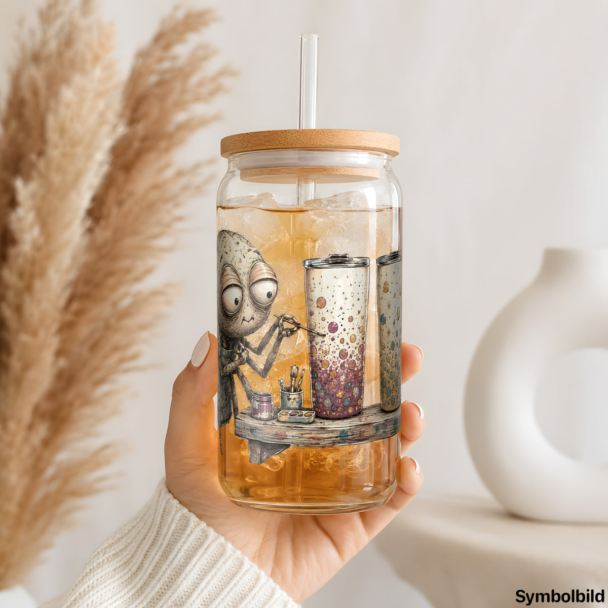 Spinne bemalt Becher als UV-DTF Sticker auf einem 16oz Glasbecher