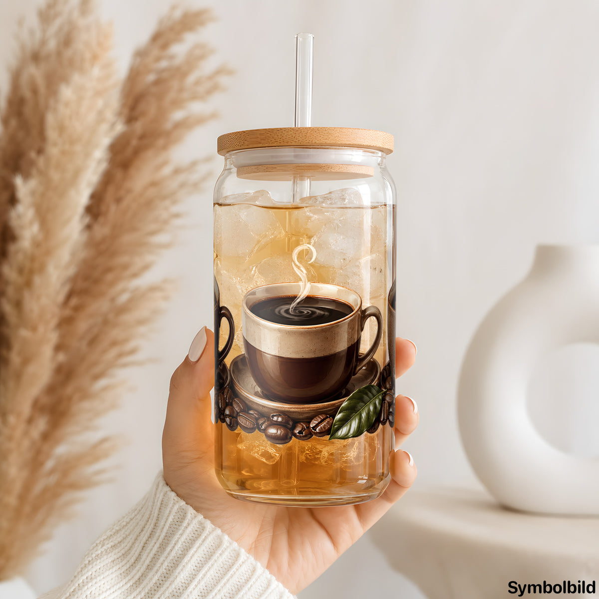 Drei Tassen schwarzer Kaffee als UV-DTF Sticker auf einem 16oz Glasbecher