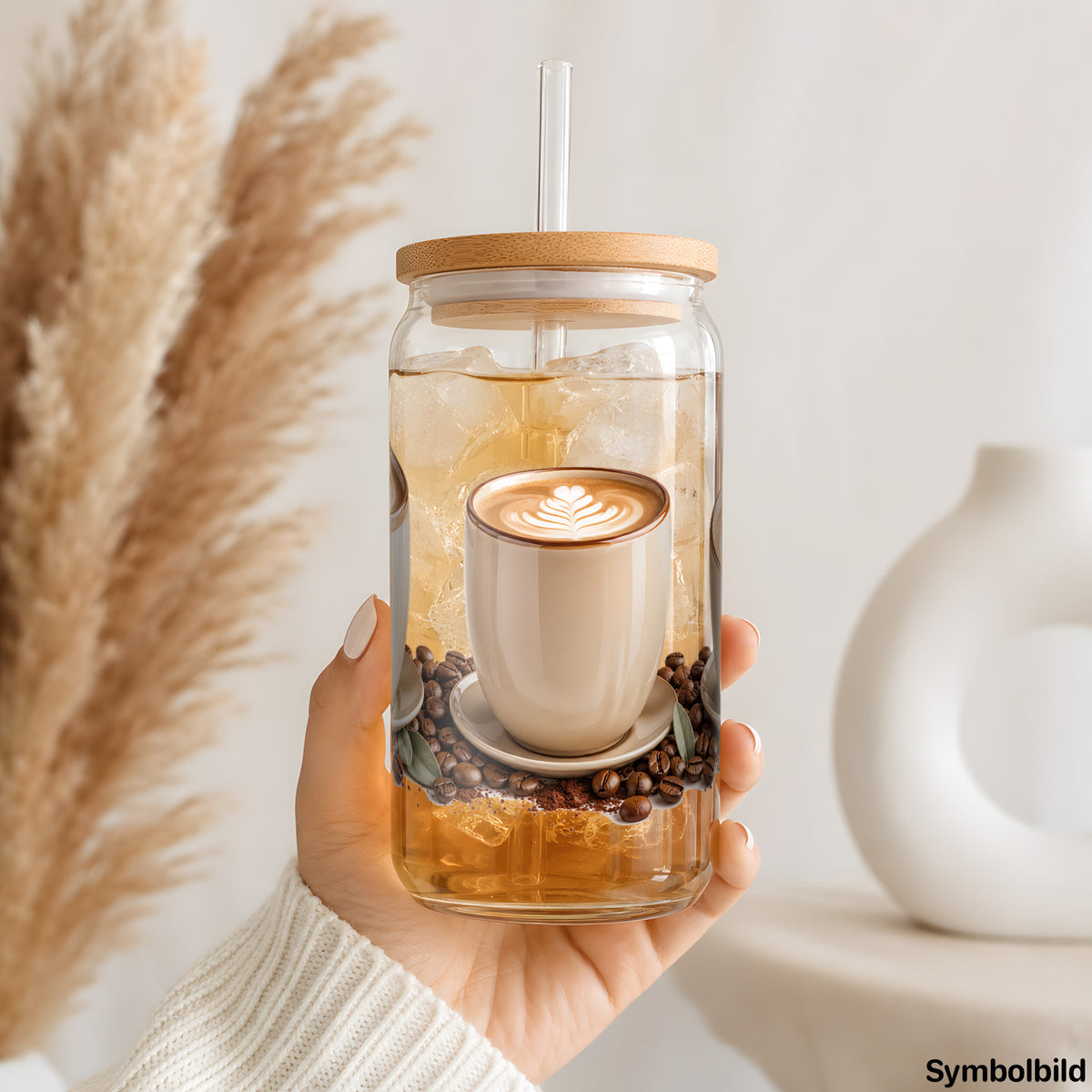 Latte macchiato im Trio als UV-DTF Sticker auf einem 16oz Glasbecher