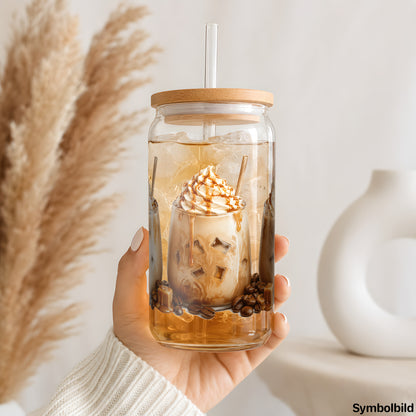 Karamell-Eiskaffee mit Sahne als UV-DTF Sticker auf einem 16oz Glasbecher