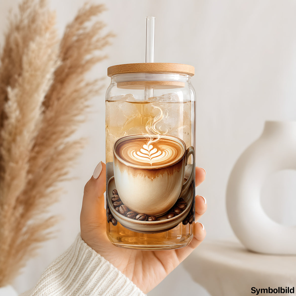 Latte Art auf dem Tisch als UV-DTF Sticker auf einem 16oz Glasbecher