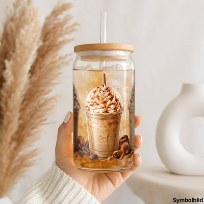 Frappé mit Karamellsoße als UV-DTF Sticker auf einem 16oz Glasbecher