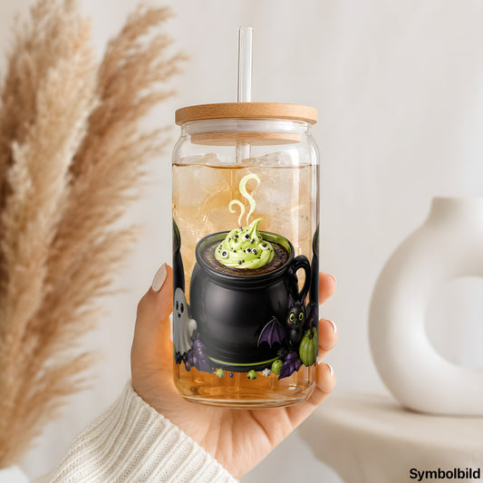 Hexenkessel mit Geisterchen als UV-DTF Sticker auf einem 16oz Glasbecher