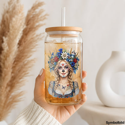 Catrina mit Ährenkranz als UV-DTF Sticker auf einem 16oz Glasbecher