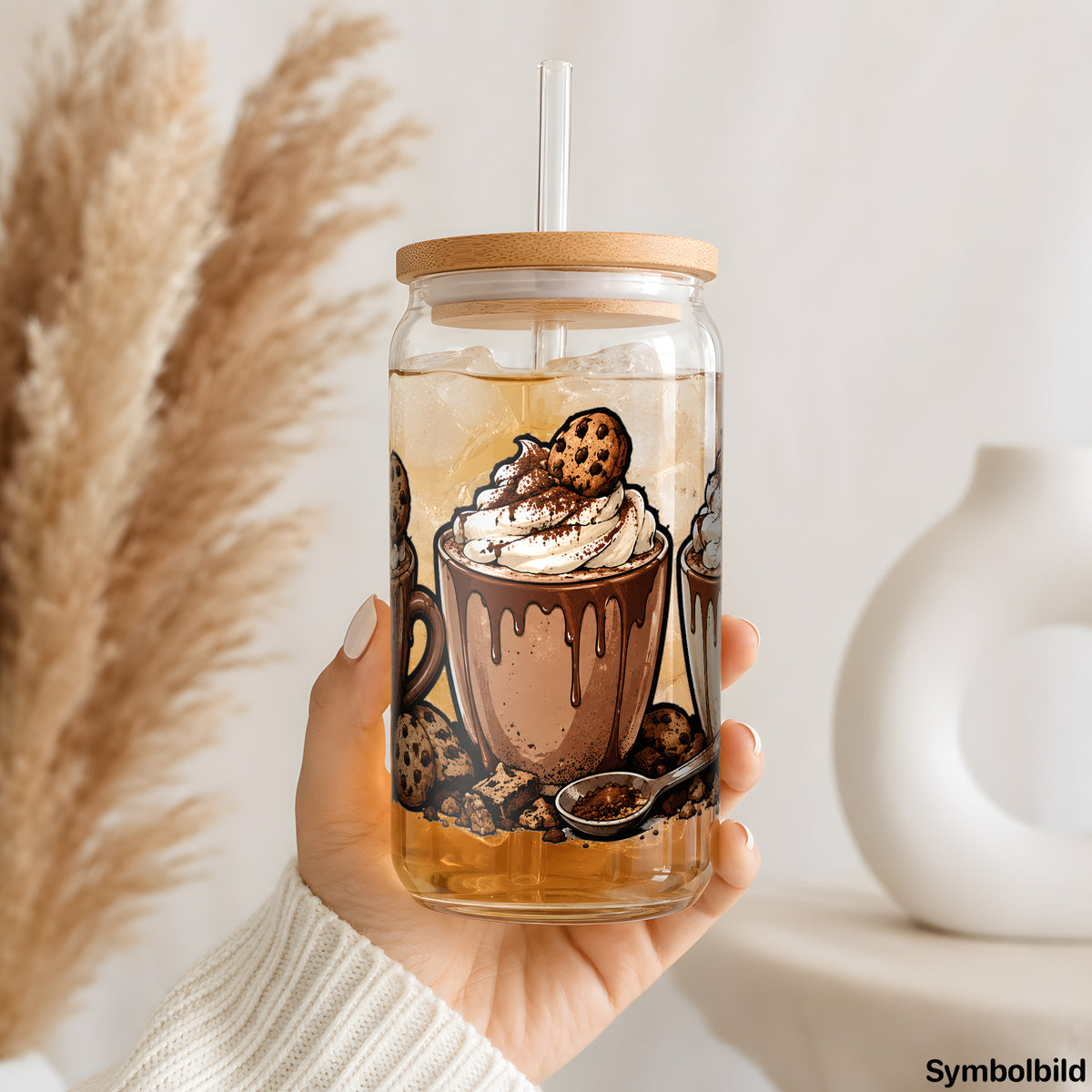 Schokotassen mit Cookies als UV-DTF Sticker auf einem 16oz Glasbecher