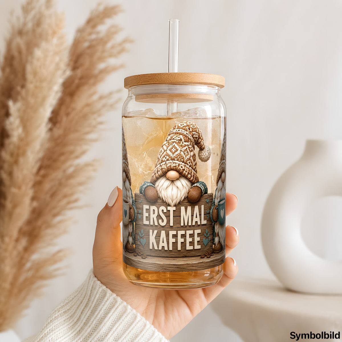 Erst mal Kaffee – Wichteltrio als UV-DTF Sticker auf einem 16oz Glasbecher