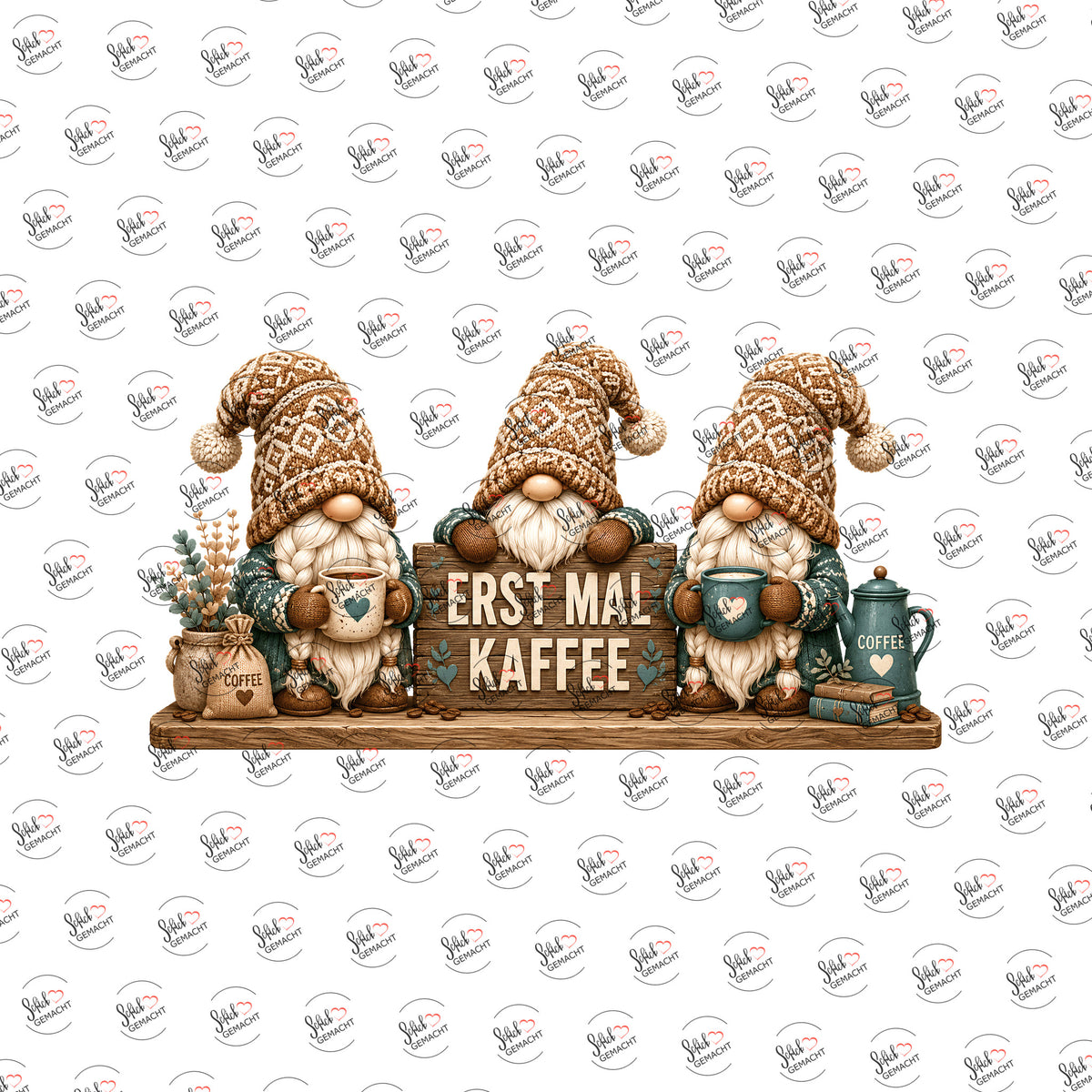 Erst mal Kaffee – Wichteltrio als UV-DTF Sticker einzeln