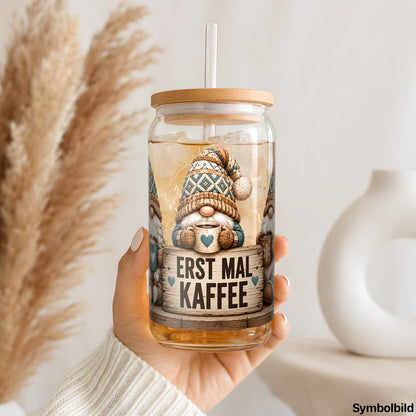 Erst mal Kaffee als UV-DTF Sticker auf einem 16oz Glasbecher