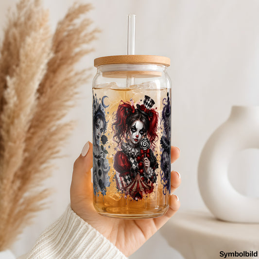 Harlekin-Galerie als UV-DTF Sticker auf einem 16oz Glasbecher