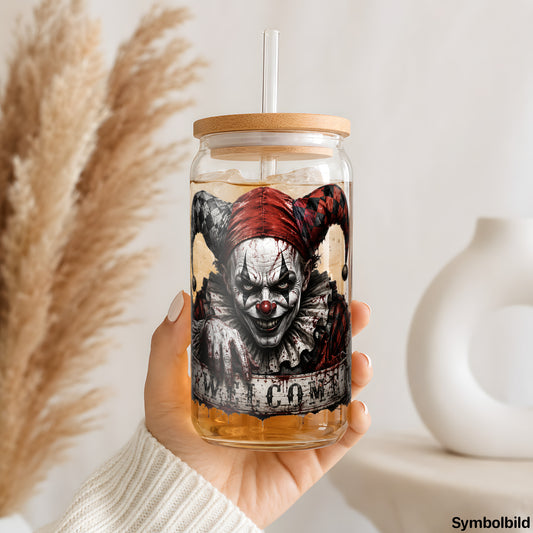 Clown am Jahrmarkt als UV-DTF Sticker auf einem 16oz Glasbecher