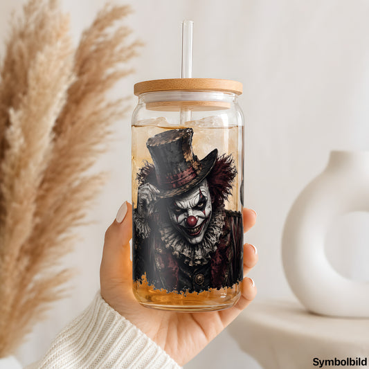 Clown mit Zylinder als UV-DTF Sticker auf einem 16oz Glasbecher