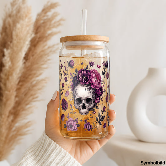 Zuckerschädel mit Rosen als UV-DTF Sticker auf einem 16oz Glasbecher