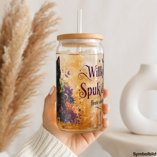 Willkommen Spuk und Hexerei als UV-DTF Sticker auf einem 16oz Glasbecher