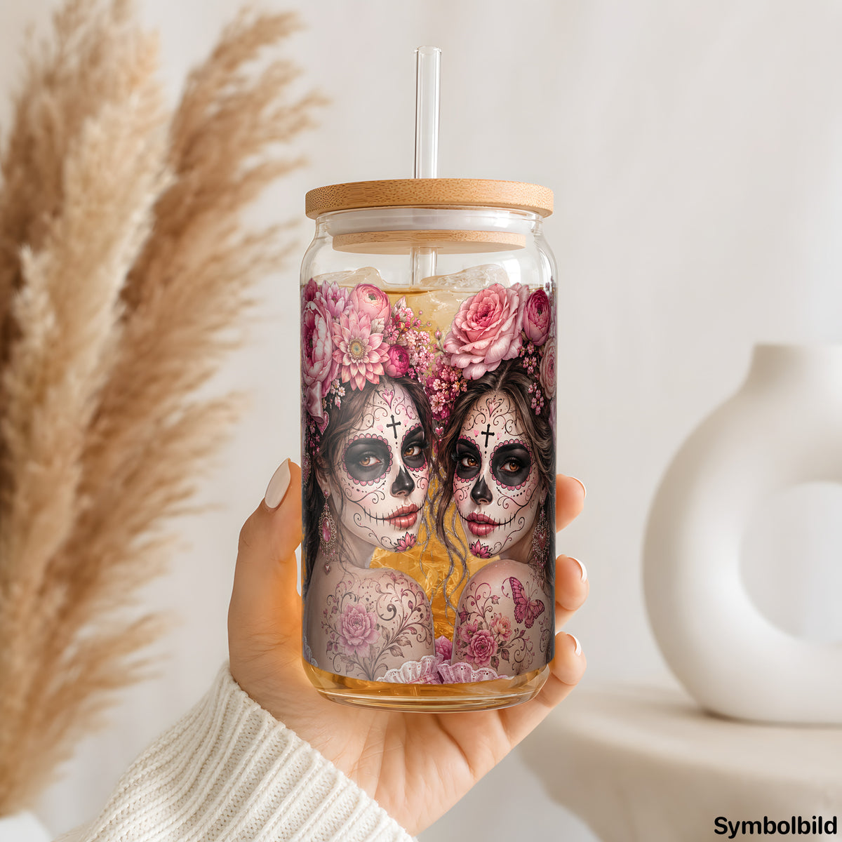 Catrinas in Rosa als UV-DTF Sticker auf einem 16oz Glasbecher
