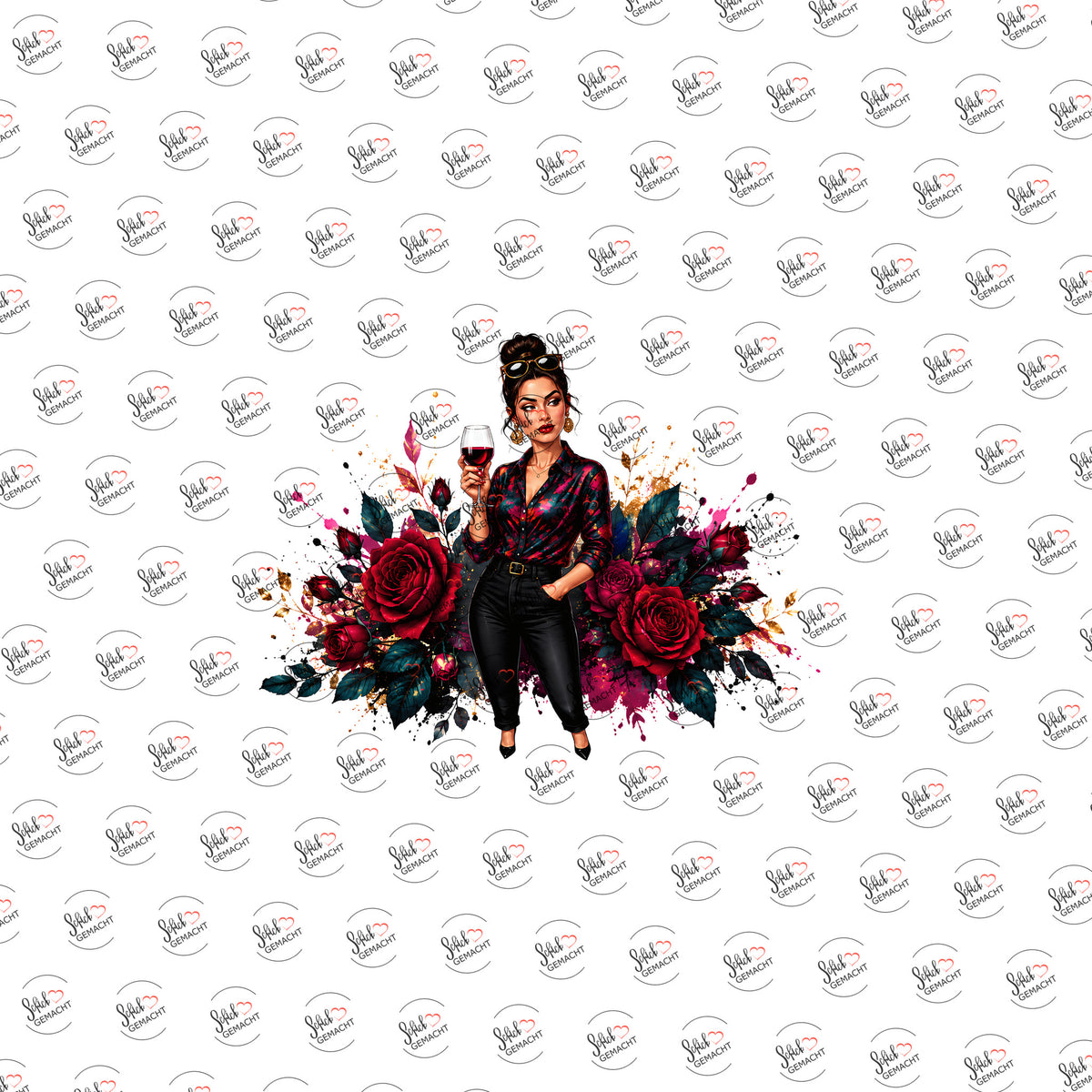 Dame mit Rosen und Wein als UV-DTF Sticker einzeln