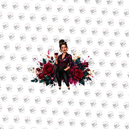 Dame mit Rosen und Wein als UV-DTF Sticker einzeln