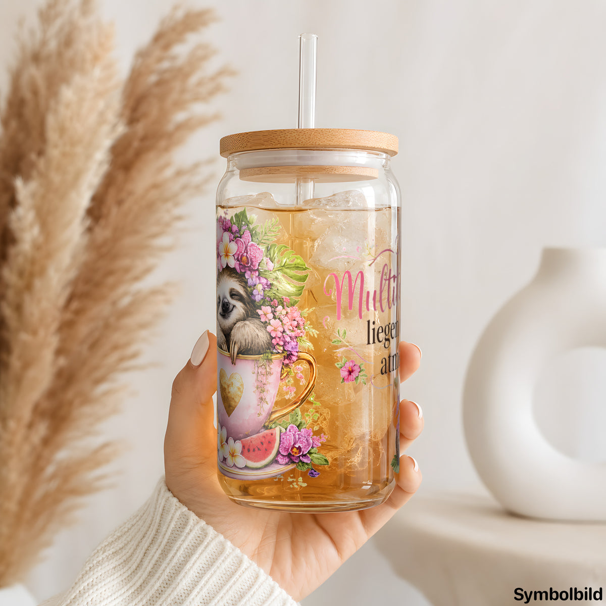 Multitasking: liegen und atmen als UV-DTF Sticker auf einem 16oz Glasbecher