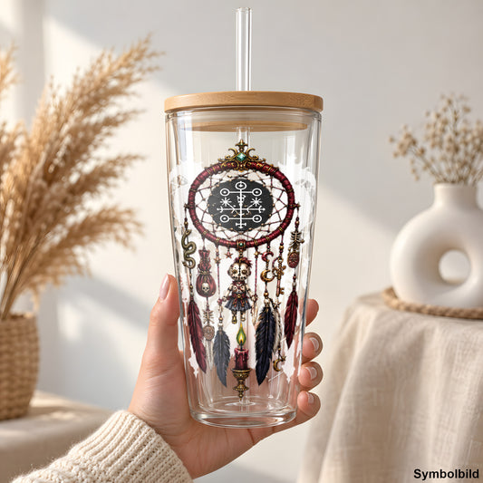 Traumfänger der Schattenwelt als UV-DTF Sticker auf einem 24oz Glas-Tumbler