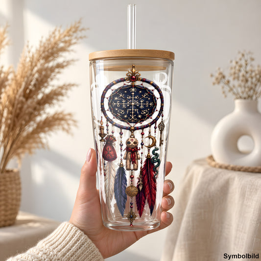 Voodoo-Traumfänger in Rot als UV-DTF Sticker auf einem 24oz Glas-Tumbler