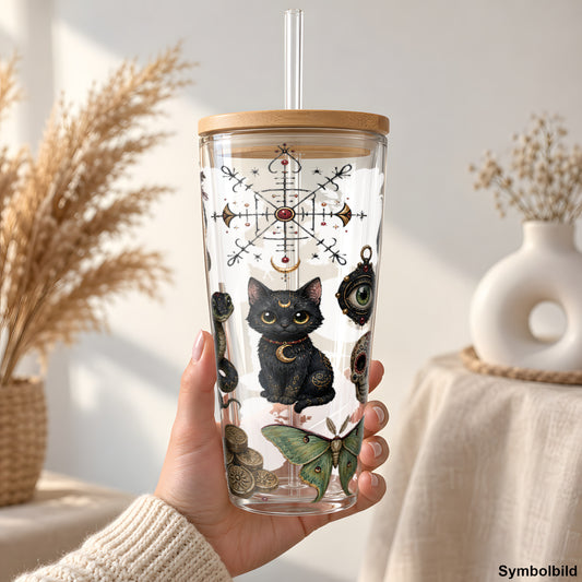 Katzenzauber und Zuckerschädel als UV-DTF Sticker auf einem 24oz Glas-Tumbler