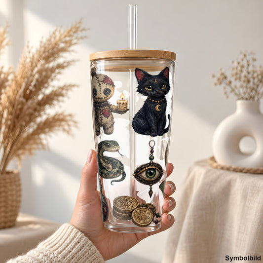 Hexenwerkstatt als UV-DTF Sticker auf einem 24oz Glas-Tumbler