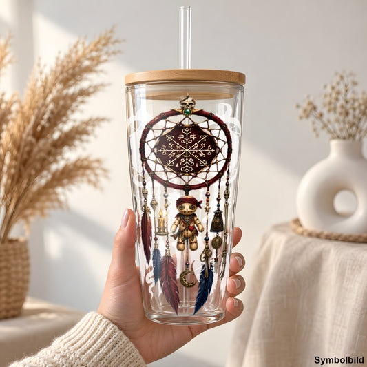 Voodoo-Traumfänger als UV-DTF Sticker auf einem 24oz Glas-Tumbler