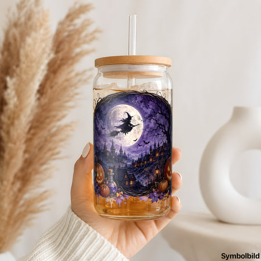 Hexenflug im Vollmond als UV-DTF Sticker auf einem 16oz Glasbecher