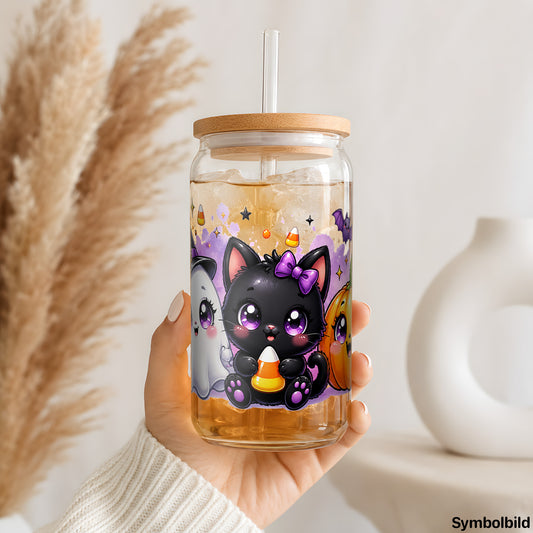 Geist, Katze und Kürbis als UV-DTF Sticker auf einem 16oz Glasbecher
