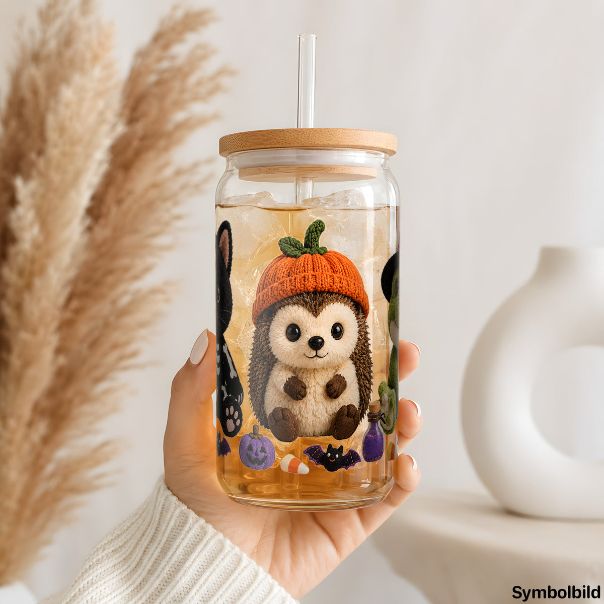 Plüschtiere im Halloweenkostüm als UV-DTF Sticker auf einem 16oz Glasbecher