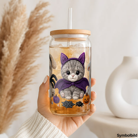 Spinne, Fledermaus und Geist als UV-DTF Sticker auf einem 16oz Glasbecher