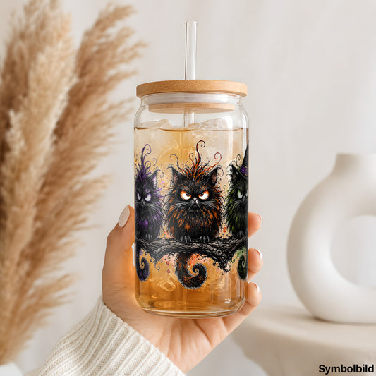 Eulentrio bei Vollmond als UV-DTF Sticker auf einem 16oz Glasbecher