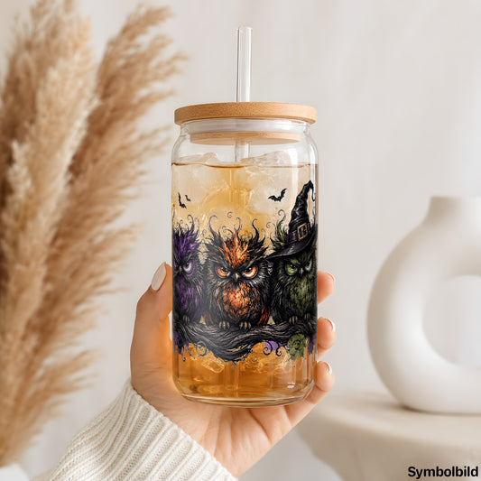 Eulen in der Halloweennacht als UV-DTF Sticker auf einem 16oz Glasbecher